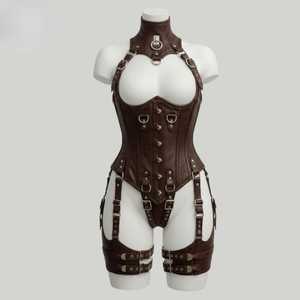 Ensemble de Lingerie Gothique Punk Sexy en Cuir Premium avec Corset à Lacets, Soutien-Gorge Cage, Collier Ras du Cou et Sangles de Cuisses – Grande Taille - Product Image 1