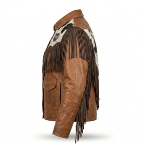 Womens Western <b>Fringe</b> Leather <b>Jacket</b> Real Cowhide Hair On Hide Vintage Brown Distressed Country Cowgirl Outerwear Coat - Product Image 4