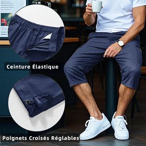 Pantalones Cortos Cargo Azules para Hombre, Estilo Urbano Moderno con Cintura Elástica, Secado Rápido y Transpirables, Corte Relajado, Costuras Resistentes - Product Image 4