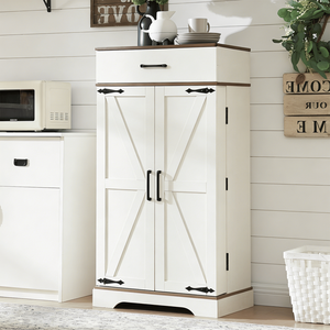 Mobile dispensa da cucina stile rustico, 472 pollici di altezza, in legno, con ripiani regolabili, ante in stile fienile, cassetto e finiture impiallacciate - Product Image 4