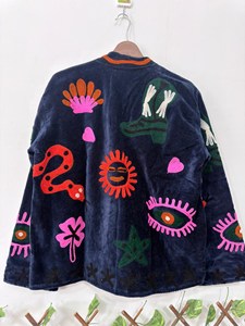 Ethnic Navy Blue <b>Velvet</b> Embroidered Suzani <b>Jacket</b> With Snake Pattern Full Sleeve Stand Collar Handmade Bohemian Winter Outerwear - Product Image 5