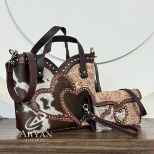 Bolso Bandolera de Cuero Vacuno de Alta Calidad, Estilo Occidental, Hecho a Mano, con Bolso de Mano a Juego, Juego de 2 Piezas - Product Image 1