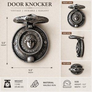 SHUBHAM - Sonnette de porte vintage en fonte avec visage de déesse, battant de porte décoratif antique, quincaillerie de porte d'entrée robuste - Product Image 2