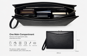 Portefeuille-pochette noir en cuir véritable, étanche, avec fermeture éclair et dragonne, forme allongée, idéal pour le bureau, les voyages et le quotidien - Product Image 2