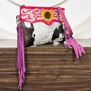 Sac à bandoulière en cuir de vachette fait main avec franges, style western, motif tournesol, pour femme, vente en gros 2026 - Product Image 4