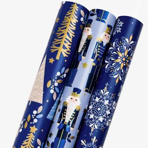 Carta da Regalo Natalizia Reversibile con Schiaccianoci Magico Blu Navy e Albero con Fiocchi di Neve Notturni 17 X 120, Rotolo per Forniture Festive - Product Image 1