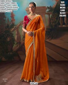 Sari de Seda Tradicional Elegante Naranja Noor para Fiesta o Boda con Blusa - Sin Arrugas y Absorbente de Humedad - Product Image 1