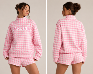 Sweat-shirt col roulé jaune à carreaux pour femme, tricoté décontracté à manches longues avec imprimé lettres sur le devant, idéal pour le printemps - Product Image 5