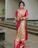 Sari Tradicional Banarasi de Seda Kanjivaram Tejido KV con Blusa sin Costuras Reversible, Antiarrugas y de Secado Rápido para Fiestas de Otoño