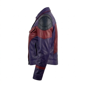 Genuine Real Leather Jacket <b>Womens</b> Purple Burgundy Colorblock Biker <b>Coat</b> Snap Button Turndown Collar Streetwear Outerwear - Product Image 4