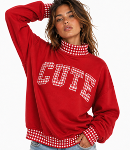 Pull-over décontracté à col roulé pour femme, personnalisé, en coton, coupe oversize, à épaules tombantes, avec patchwork à carreaux vichy et pois, vente en gros - Product Image 1