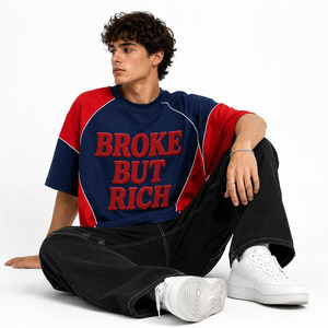 Custom <b>Men</b> Navy <b>Red</b> Color Block Raglan T-<b>Shirt</b> 3D Puff Print Letter Contrast Piping Oversized Drop Shoulder Heavyweight Cotton - Product Image 5