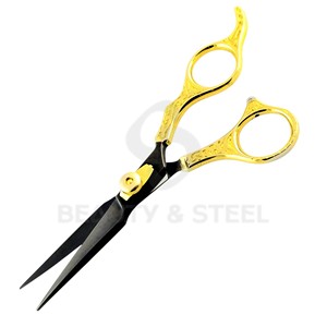 Ciseaux de coiffure professionnels noirs mats avec manche sculpté ornementé et vis de réglage pivotante - Product Image 2