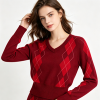 Pull en tricot à col en V pour femme, motif Argyle, manches longues, style preppy