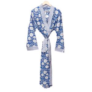 Bata de algodón con estampado floral de longitud completa para mujer, cuello en V, manga larga, ropa de dormir informal, para primavera, con cierre de cinturón y estampado azul y blanco - Product Image 5