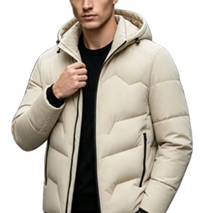 Chaqueta acolchada con capucha para hombre, gruesa, rellena de plumón, con cremallera, cálida, color beige. - Product Image 3