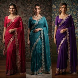 Sari en mousseline de soie douce de qualité supérieure avec broderies et bordure en dentelle, accompagné d'un chemisier de créateur, prix de gros par Royal Export - Product Image 2