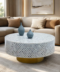 Table basse ronde moderne en bois avec incrustations en os, avec rangement, meubles de salon faits à la main - Product Image 2