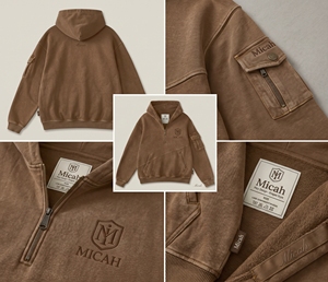 เสื้อฮู้ดดี้ผู้ชายไซส์ใหญ่พิเศษ ผ้าฝ้ายคุณภาพสูง 100% น้ำหนัก 300 กรัม ระบายอากาศได้ดี ซิป ¼  ลายฟอกสี  สำหรับฤดูหนาว  พร้อมปักโลโก้ด้านหน้าตามสั่ง - Product Image 4