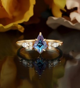 Kite Cut Alexandrite 14k Gold Plated Sterling <b>Silver</b> Vintage Engagement Wedding Color Change Promise <b>Ring</b> for Women - Product Image 1