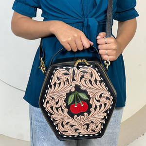Super September Carved Floral & <b>Cherry</b> Design Hand Tooled Genuine Leather Women's Messenger Stylish <b>Top</b> Handle purse Crossbody - Product Image 2