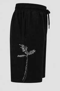 Shorts Bermuda Noirs pour Hommes, Taille Mi-Haute, Cordon de Serrage, Coton Brodé Palmiers, Style Décontracté - Product Image 5