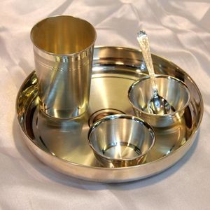 Traditional Brass Dinnerware Set with Thali Plate 2 Glasses 2 Bowls <b>Spoon</b> Indian Festive Table <b>Serving</b> Wholesale - Product Image 3