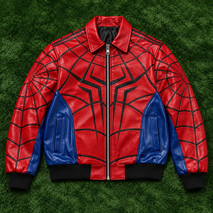 Blouson Bomber Homme Spider-Man en PU, Motif Toile Rouge et Bleu, Fermeture Éclair, Col Rabattable, Style Décontracté Automne - Product Image 1