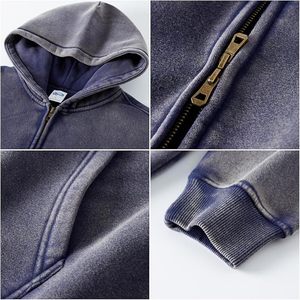 เสื้อฮู้ดดี้โอเวอร์ไซส์สไตล์วินเทจสำหรับผู้ชาย ผ้าทอเนื้อนุ่ม ซิปหน้า แขนยาว มีกระเป๋า ล้างสีแบบแอซิดวอช สตรีทแวร์ แจ็คเก็ตผ้าฟลีซ - Product Image 2