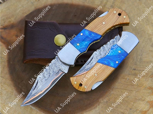 Cuchillo Plegable de Bolsillo EDC Profesional de Alta Calidad, Acero de Damasco Mai Copper, Grado Industrial, Madera de Olivo, UA Supplies - Product Image 2