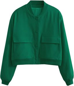 Blouson bomber court vert pour femme, décontracté, couleur unie, manches longues, fermeture boutonnée, poches plaquées, col montant, vêtement d'extérieur pour l'automne - Product Image 1