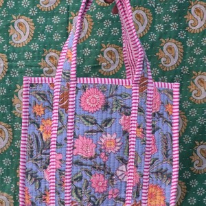 Grand sac fourre-tout en coton matelassé, mini sac fourre-tout en coton indien pour femmes, bleu clair, style et fermeture ouvertes pour les courses quotidiennes - Product Image 3