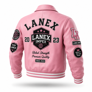 Custom Pink Leather Varsity <b>Jacket</b> for <b>Men</b> Premium Letterman Bomber <b>Jacket</b> with Embroidered Chenille Patches OEM ODM Manufacture - Product Image 3