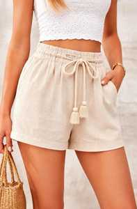 ONETEN APPARELS <b>Women</b> Winter 3 Piece <b>Shorts</b> Set <b>White</b> Hooded Anti-Wrinkle Casual Sportswear Crop Top Beige Tassel Drawstring - Product Image 4