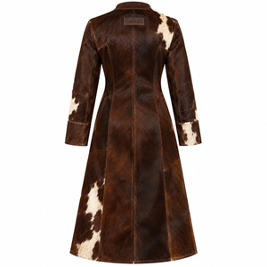 Veste longue sans col en fourrure de vachette marron et blanche pour femme, fermeture éclair sur le devant, fabrication OEM - Product Image 2