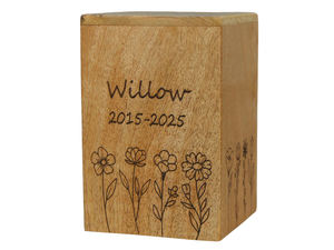 Personalized Wooden Pet Urn Engraved With Name And Dates Floral Design Natural Wood Finish Cremation <b>Keepsake</b> <b>Box</b> - Product Image 1