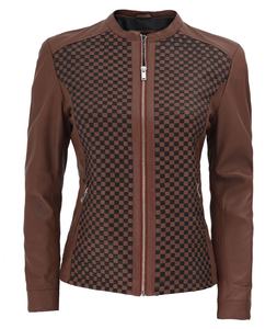 Veste en cuir de motard texturé pour femme avec fermeture éclair lisse doublure en polyester souple en peau de mouton véritable-pour l'hiver - Product Image 4