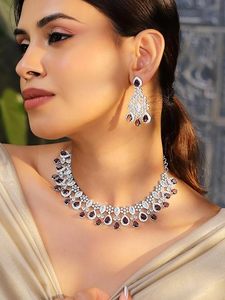 Silver Plated Alloy Necklace and Earring Set with Amethyst Pear <b>Cut</b> <b>Stones</b> Classic Flower Design <b>for</b> Women Wedding Jewelry - Product Image 2
