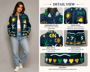 Hand Embroidered Navy Bomber Jacket With Sun Palm Tree Pattern Full Sleeve <b>Zipper</b> Closure Summer Women's Outerwear - Product Image 2