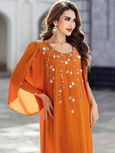 2026 Luxury modest abaya dress dubai style women muslim dress femmes robe musulmane linen abaya with beading bulk wholesale OEM - Product Image 3