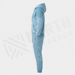 Men's Light <b>Blue</b> Hooded Tracksuit Full Zip Casual Sportswear Solid Color Cotton Sweatshirt and Pants Set Autumn Wear - Product Image 3
