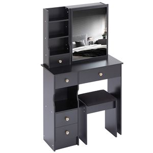 High Capacity Storage F Makeup <b>Vanity</b> <b>Table</b> Extra Large Sliding Mirror Cushioned <b>Stool</b> Small Size Left Drawer-Multi Layer - Product Image 4