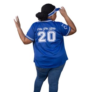 Camiseta de béisbol azul real Zeta Phi Beta para mujer, con letras griegas bordadas, abotonada, estilo casual y urbano. - Product Image 4
