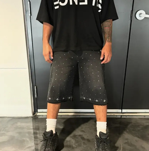 Custom Streetwear Double <b>Waist</b> Denim Short Pants Distressed Acid Wash Vintage Rhinestone Sun Faded <b>Jeans</b> Shorts <b>Men</b> Denim Shorts - Product Image 2