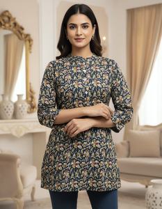 Kalamkari Bedrucktes Rayon-Kurztop für Damen Freizeit- und Partykleidung Größen <span class=keywords><strong>M</strong></span> bis XXL Ethnische Mode-Oberteil - Product Image 2