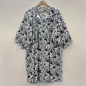Vestido Midi Informal de Algodón Tejido para Mujer, Mangas Abullonadas, Cintura Imperio, Estilo Babydoll, 100% Algodón, Estampado Floral, Corte Holgado, Cuello en V - Product Image 2