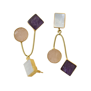 Pendientes de moda al por mayor con triple piedra, chapados en oro, con amatista semipreciosa, cuarzo rosa y nácar. - Product Image 4