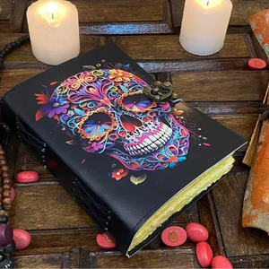 Carnet en cuir véritable imprimé squelette coloré classique, fait main, style vintage, pour livre de sorts, sorcières, païens, couverture Al-amir, fait main - Product Image 5