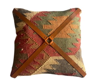 Handmade Kilim Cushion <b>Cover</b> with Leather Strap Boho Decorative <b>Throw</b> Pillow <b>Cover</b> Vintage Tribal <b>Sofa</b> Cushion - Product Image 3