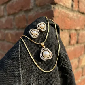 Elegant Gold Rhodium Plated Synthetic Diamond Pearl Luxury Women's Pendant <b>Necklace</b> <b>Set</b> AAA Export Quality <b>Indian</b> Wedding - Product Image 5